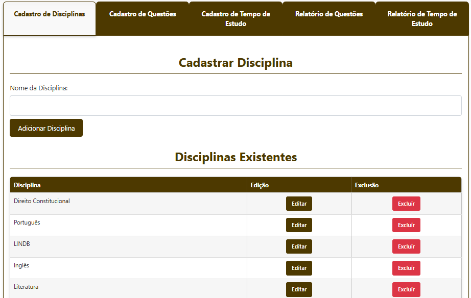 Cadastro de Disciplinas